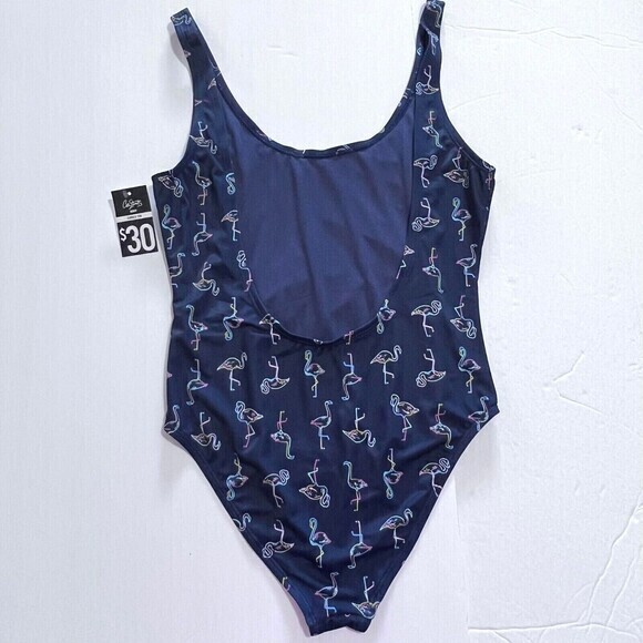 City Streets Women's One-Piece Navy-Blue Swimsuit with Neon Flamingo Print - Picture 11 of 12